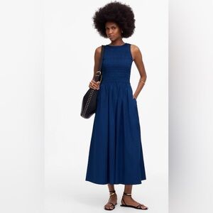 Madewell Blue Sleeveless Midi Smocked Dress